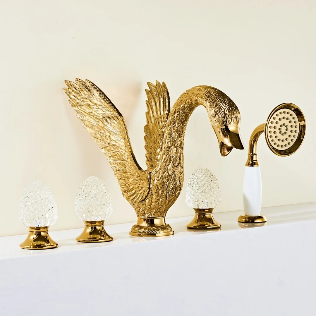 Tuqiu Gold Swan Bathtub Faucet Set Widespread Tub Sink Mixer Tap Brass Swan Bathroom Bath Shower Faucet with Hand shower Head
