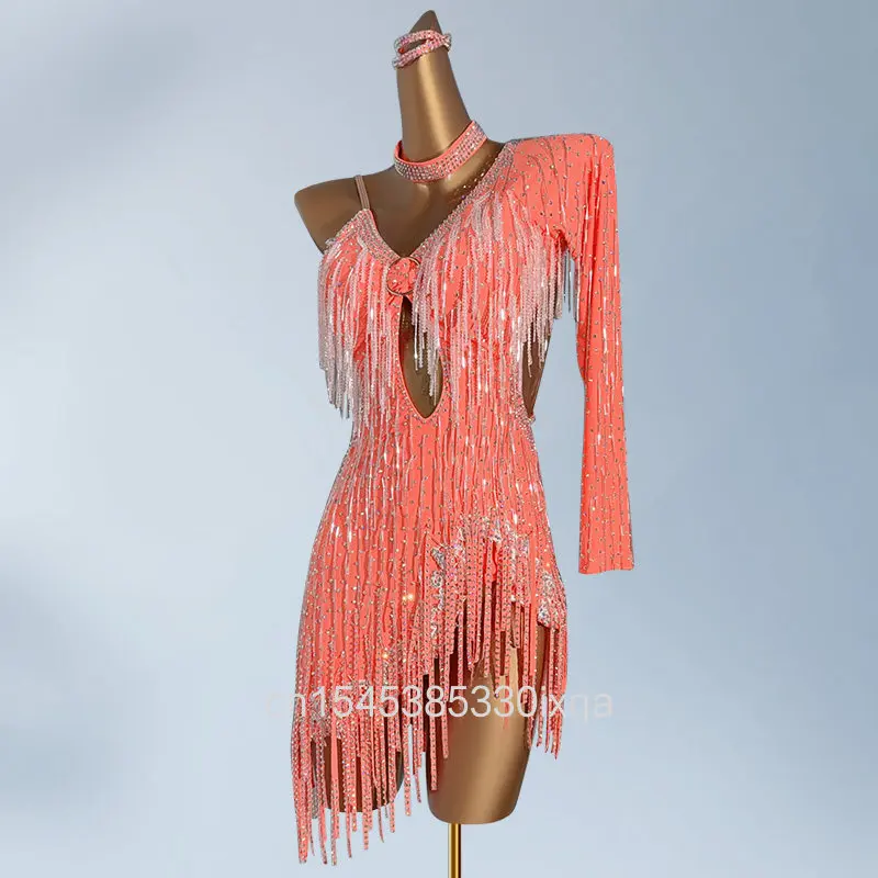 

Платье для латиноамериканских танцев для женщин и девочек, на заказ, для румбы, ча-ча-ча, танго, с одним рукавом, для выступлений, юбка, латинские платья