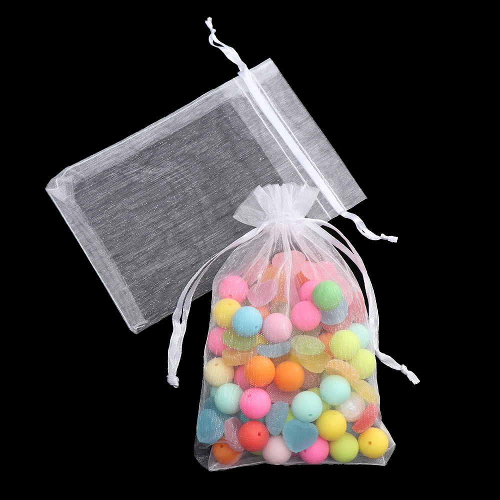 Bolsas de dulces dibujables con bolsillo con cordón blanco, bolsita de gasa de Organza, bolsas de regalo, embalaje de joyería, suministro para fiesta de Navidad, 25/50 Uds.