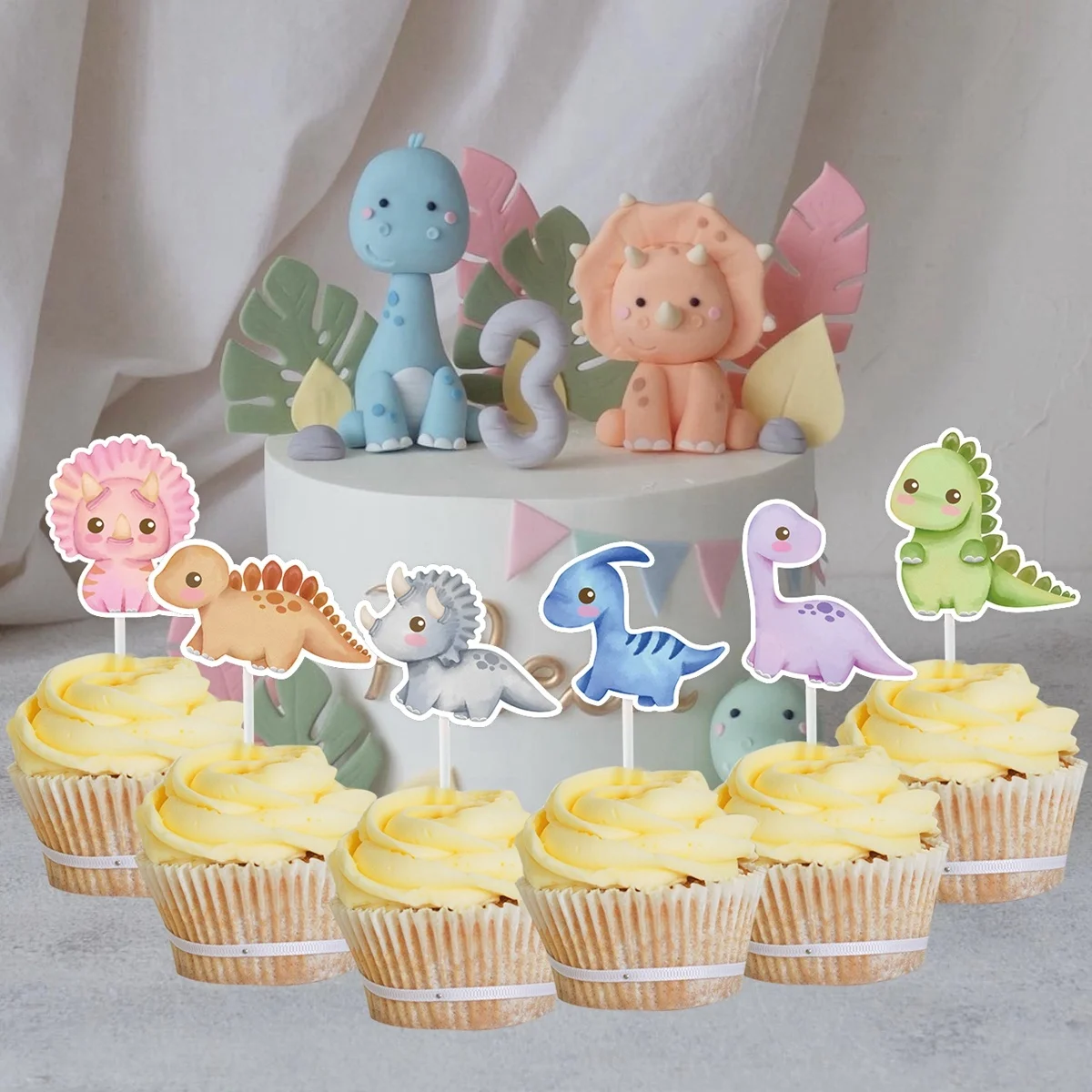 1Set Carton Dinosaur Cupcake Topper Multi Type Toppers For Kids Dinosaur Themed Birthday Party Decoration DIY Cake Supplies