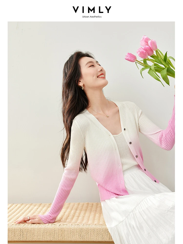 Vimly Pink Gradient Wool Blend Knitted Cardigans 2024 Spring V-neck Women\'s Long Sleeve Top High Strecth Slim Knitwear 72932