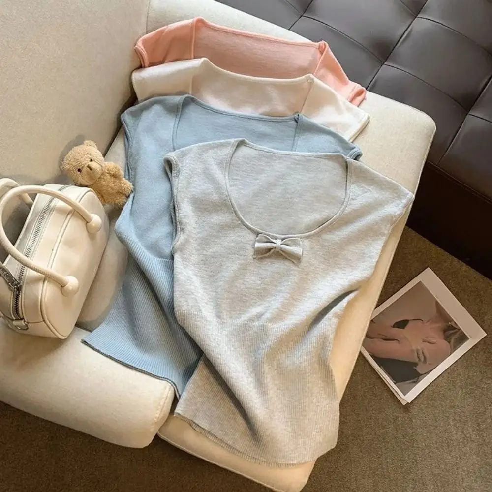 

Женская укороченная футболка с круглым вырезом в корейском стиле Y2K, однотонная, с бантом, вязаная, с короткими рукавами, приталенная, милая, короткая футболка для женщин