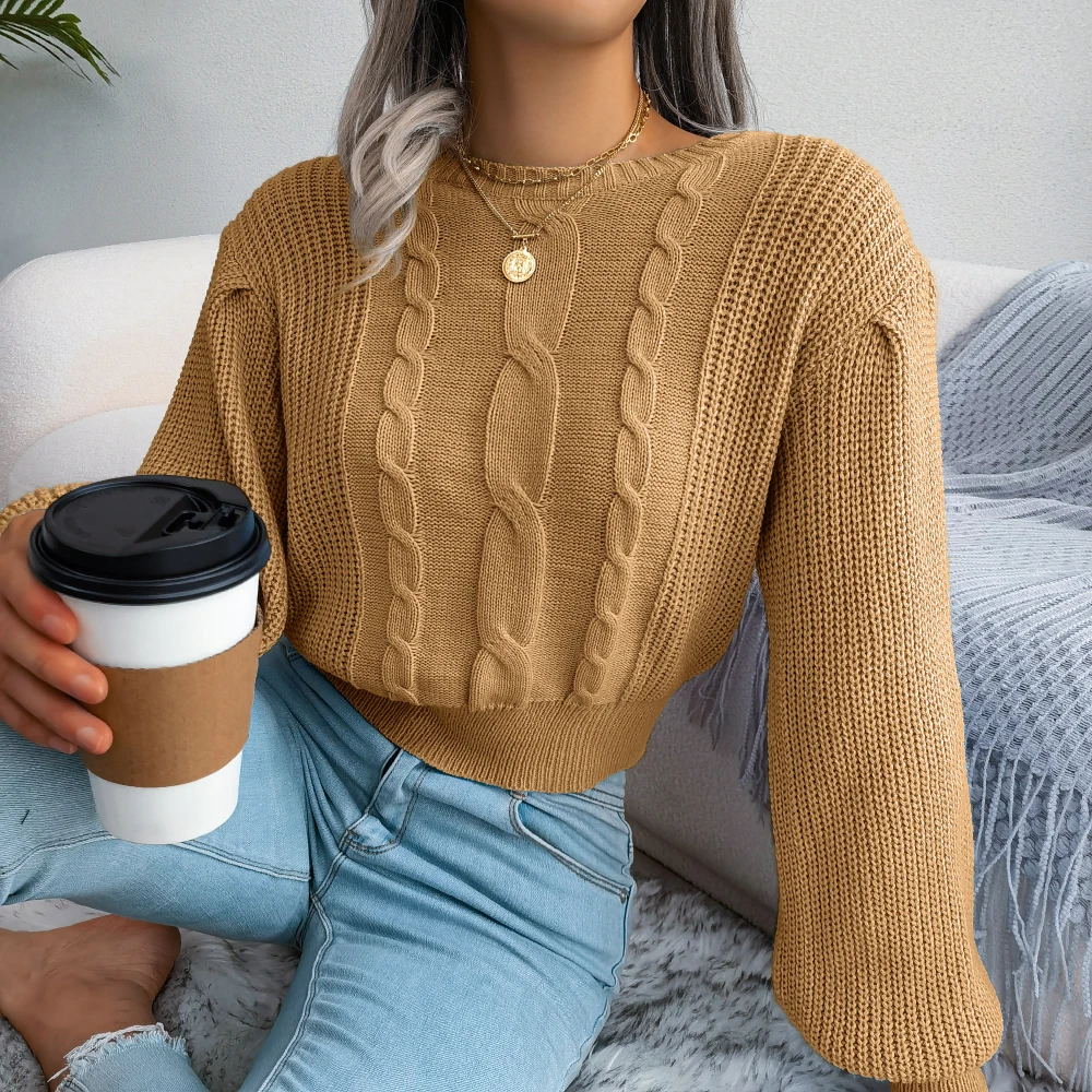 Women Casual Lantern Long Sleeve Slim Waist Knitted Sweater Pullovers For Autumn Winter 2023