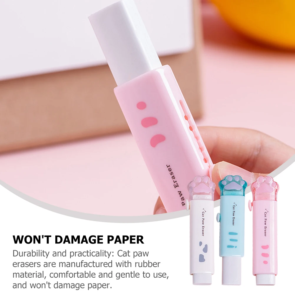 

3pcs Cat Paw Eraser Retractable Kawaii Cute Rubber Erasers For Pencil Students Stationery Fun Lightweight School Office