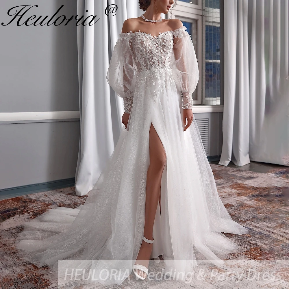

HEULORIA elegant wedding dress long puffy sleeve off shoulder lace bride dress plus size
