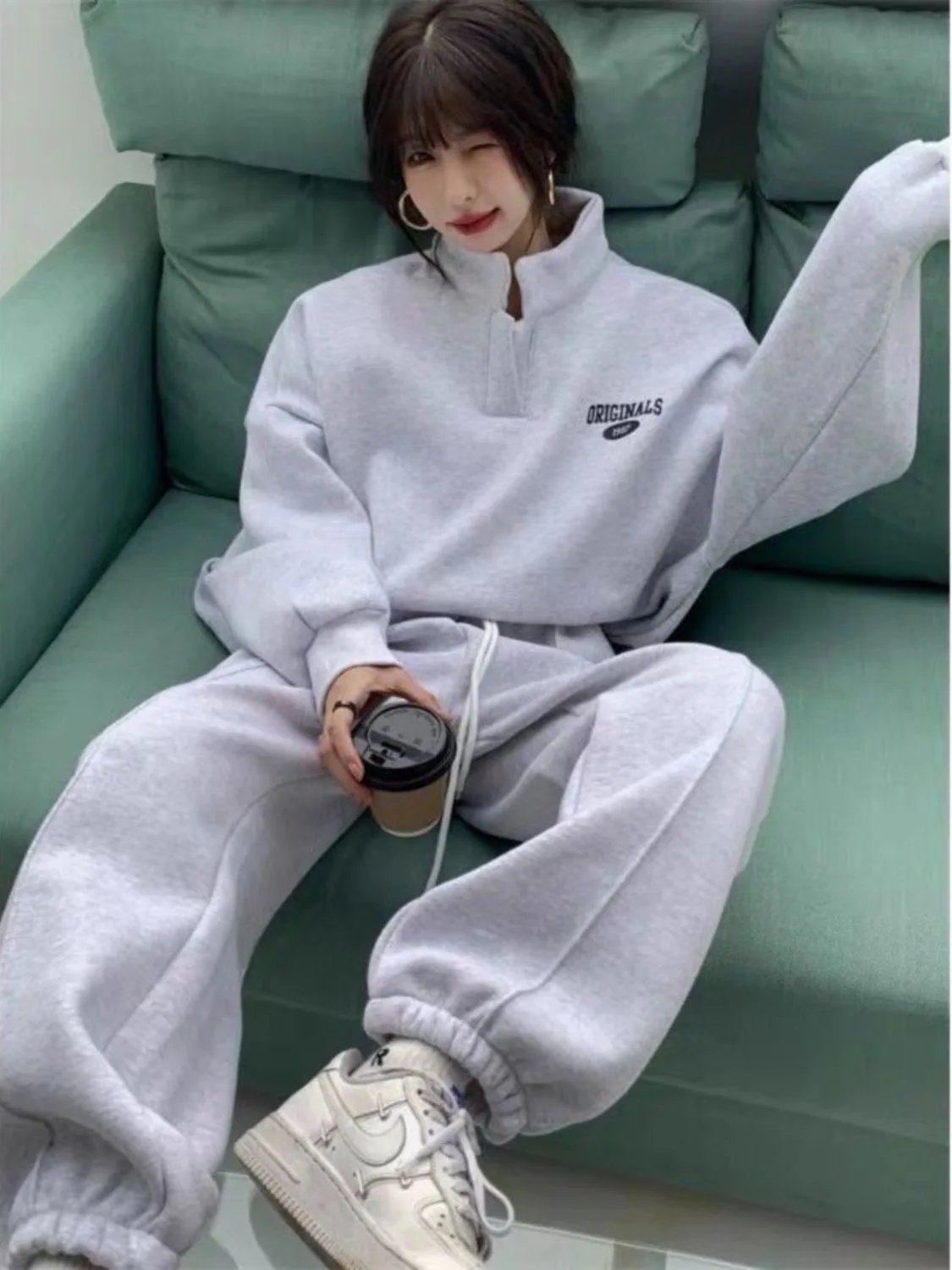 Korean Women Pants Set Solid Tops Half High Collar Hoodies Sweatshirt Print Loose Sweatpants Fashion Tracksuit Female 2pcs Set