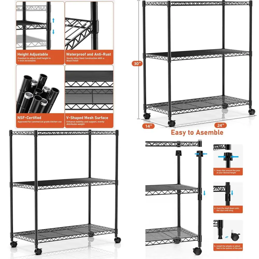

Прочная 3-ярусная стеллажная система для хранения, грузоподъемность 340 кг, 61 см глубина x 36 см ширина x 76 см высота, идеально подходит для кухни, кладовой, гаража и прачечной, черный цвет