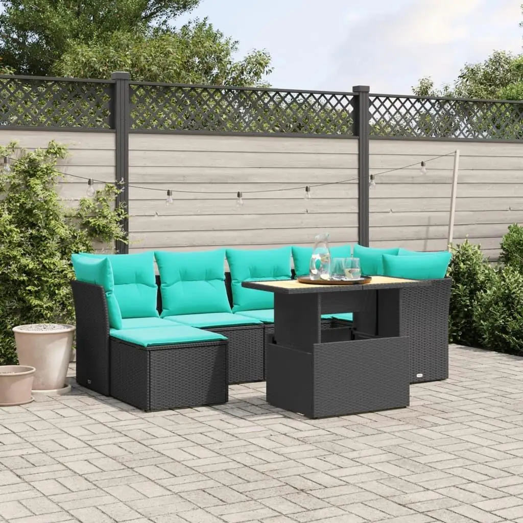 

7 Piece Outdoor Sectional Sofa Set with Cushions Black Rattan Wicker Garden Furniture