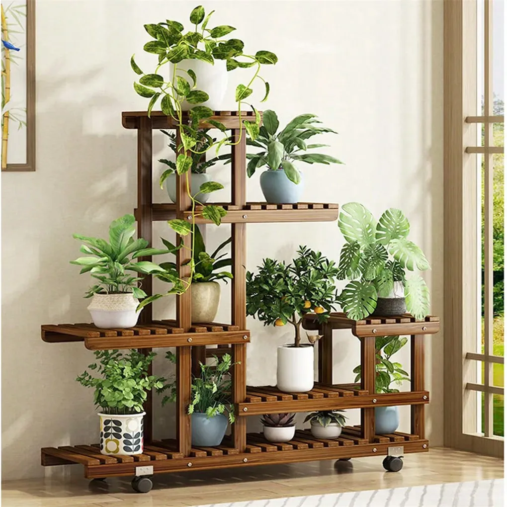 6-Tier Rolling Plant Stand Wooden Wheels Indoor Outdoor Display Rack for Patio Garden Balcony Living Room