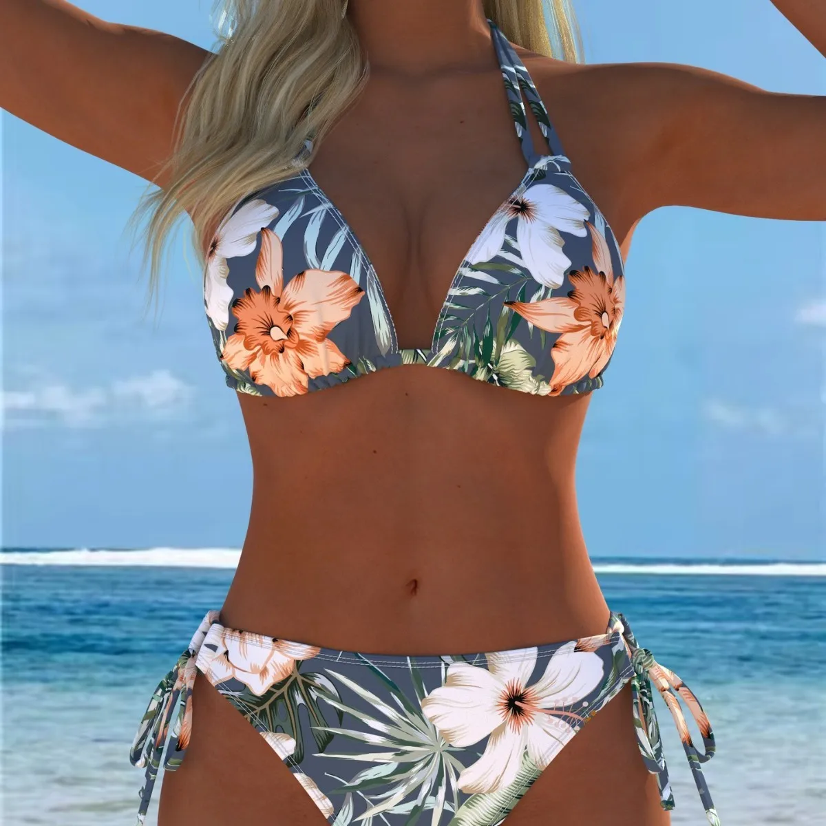 

Woman 2026 Beachwear Halter Triangle Top Two Piece Swimsuit Floral Print Adjustable Straps Tie Side Bottoms Peach White Flowers