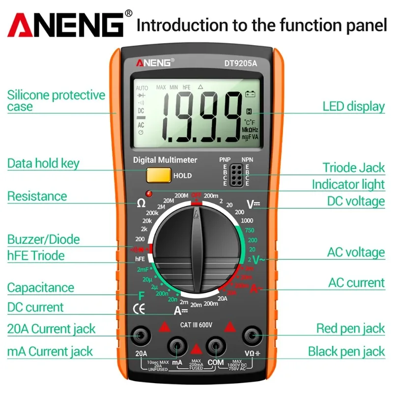 

ANENG DT9205A Мультиметр Профессиональный тестер переменного/постоянного тока hFE Ом Конденсаторный измеритель напряжения Детектор