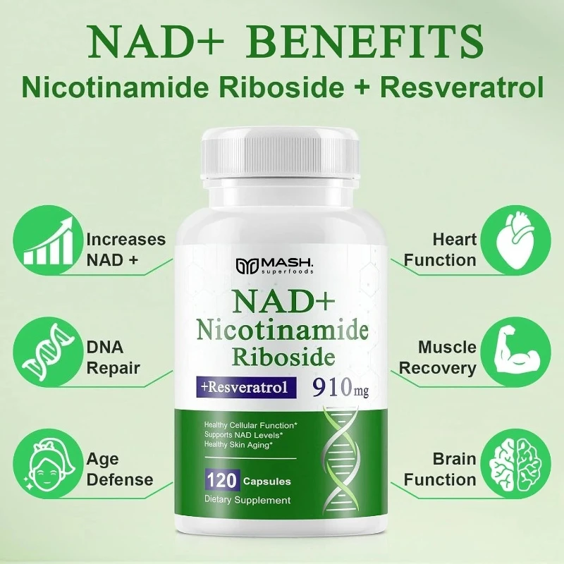 Nicotinamide Riboside NAD+ Support Capsules with Quercetin Complex and Trans-Resveratrol for Healthy Aging
