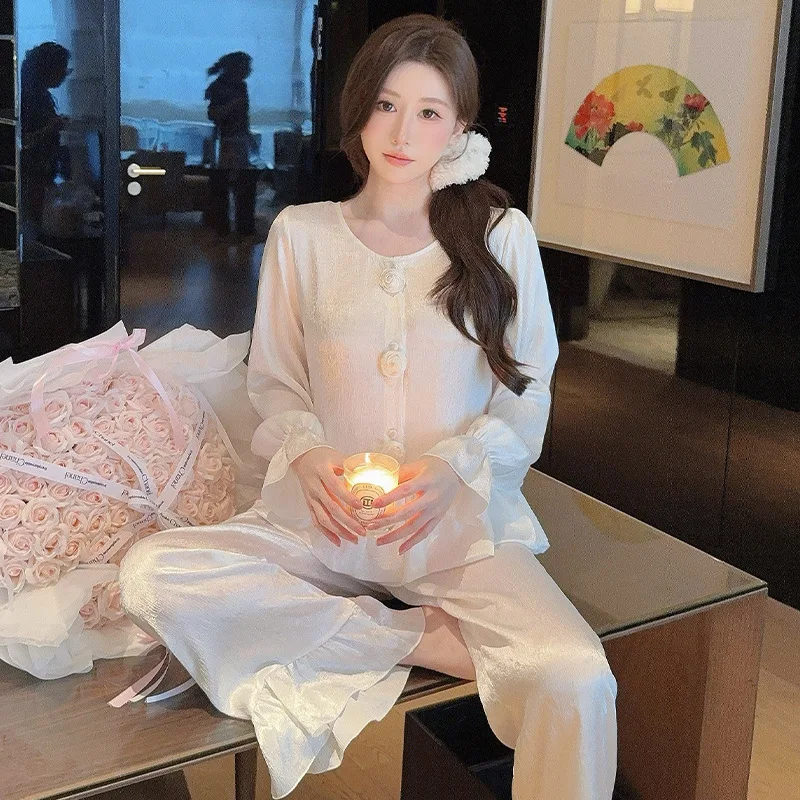 Female Flower Applique Pajamas 2PCS Set Lounge Wear Long Sleeve Trouser Pijamas Suit Sleepwear Pyjama Loose Homewear