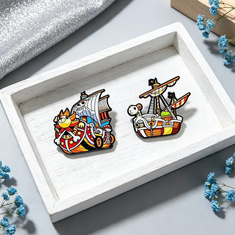 2pcs Anime Pirate Ship Thousand Sunny & Going Merry Enamel Pins Set Metal Brooch Badge Cartoon Lapel Pin for Clothing Accessory