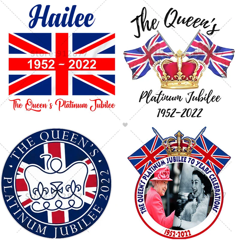 Vinyl Stickers Queen Elizabeth 70th Platium Jubilee Crown British Flag Heart Iron on Patches