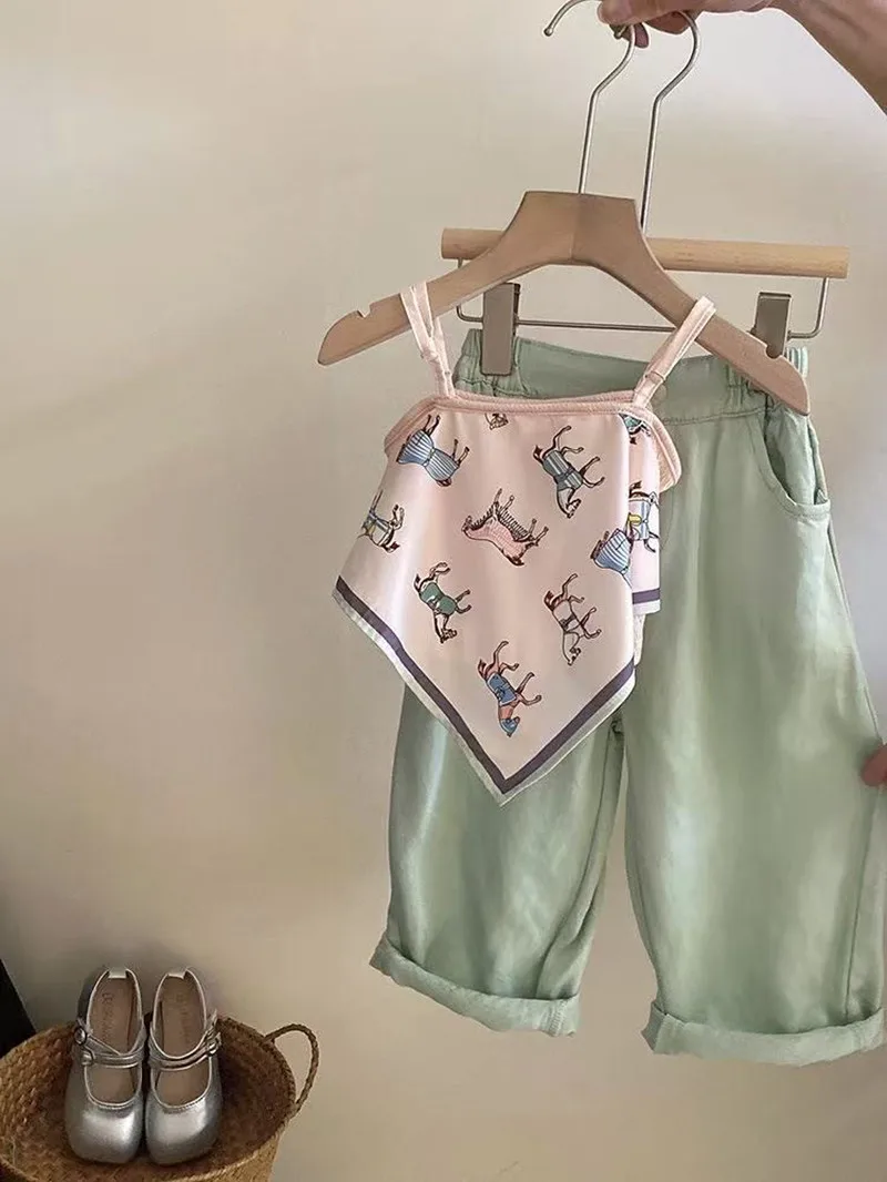 

Baby Girl Set Summer 2025 New Design Sense Children's Scarf Camisole Vest+pants Two-piece Set