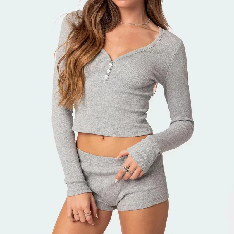 

Solid Color Ribbed V-Neck Long Sleeve Crop Tops T-shirt and Shorts Sleepwear Outfits Women Pajamas Set 2 Pieces Loungewear Suits
