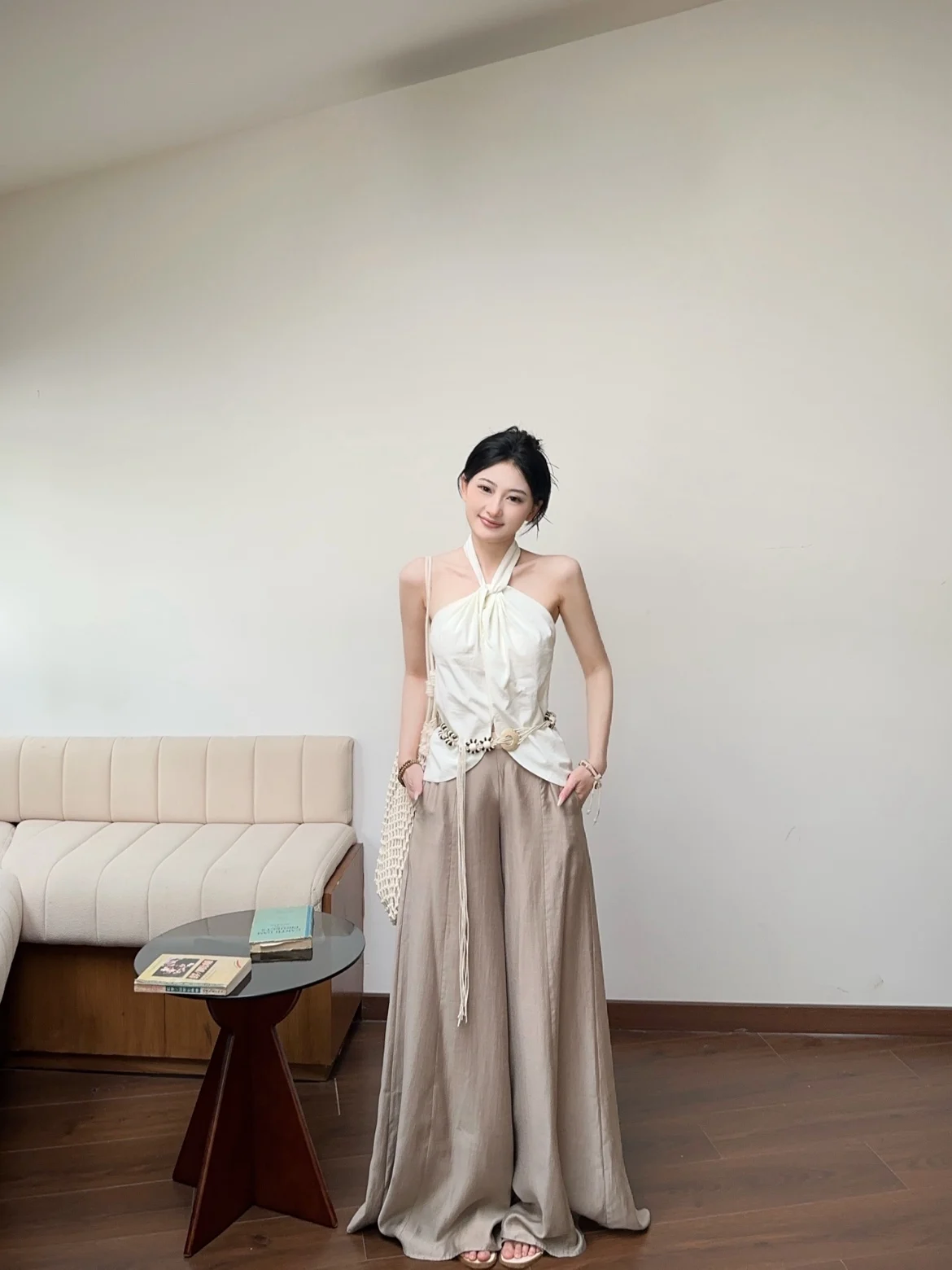 

Женские брюки с высокой талией и широкими штанинами, повседневные, свободные, драпирующиеся, прямые, модные, коричневого цвета, универсальные