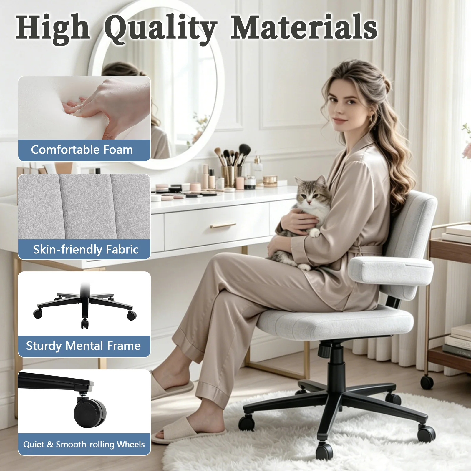 VIGOSIT Criss Cross Chair, Anti-Grip fabric Comfort Cushion Modern Tailor Seat chair for Office,Cute Vanity Swivel Chair with Back Modern Fabric with Wheels Swivel Task Home Gaming Chair image 3