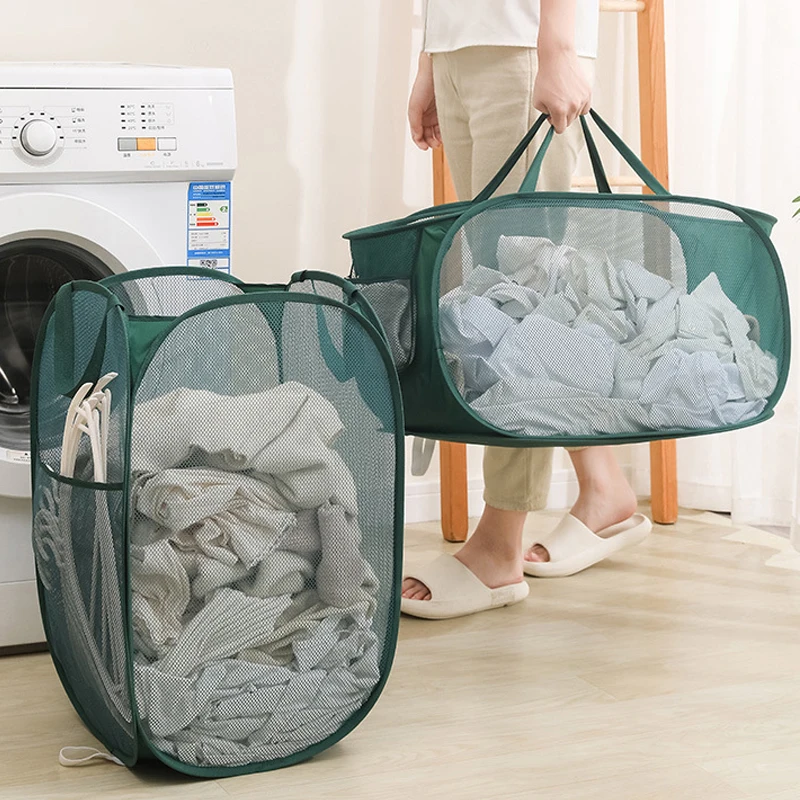 

Folding Laundry Basket with Handle Clothes Toy Storage Basket Hollow Mesh Breathable Household Laundry Hamper Sundries Organizer