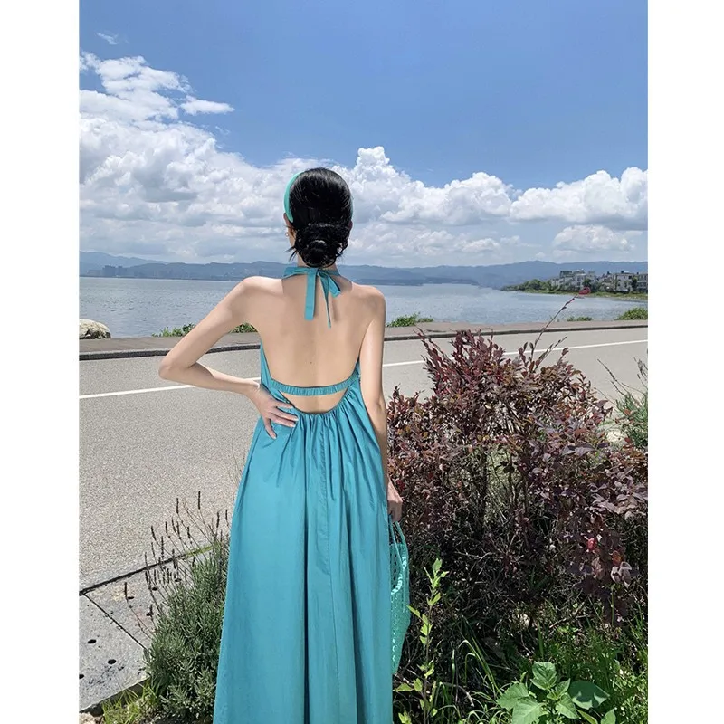 

Beach Vacation Style Halter Neck Long Dress Women Summer Solid Color Sexy Backless Loose Maxi Dresses Casual Beachwear Vestidos