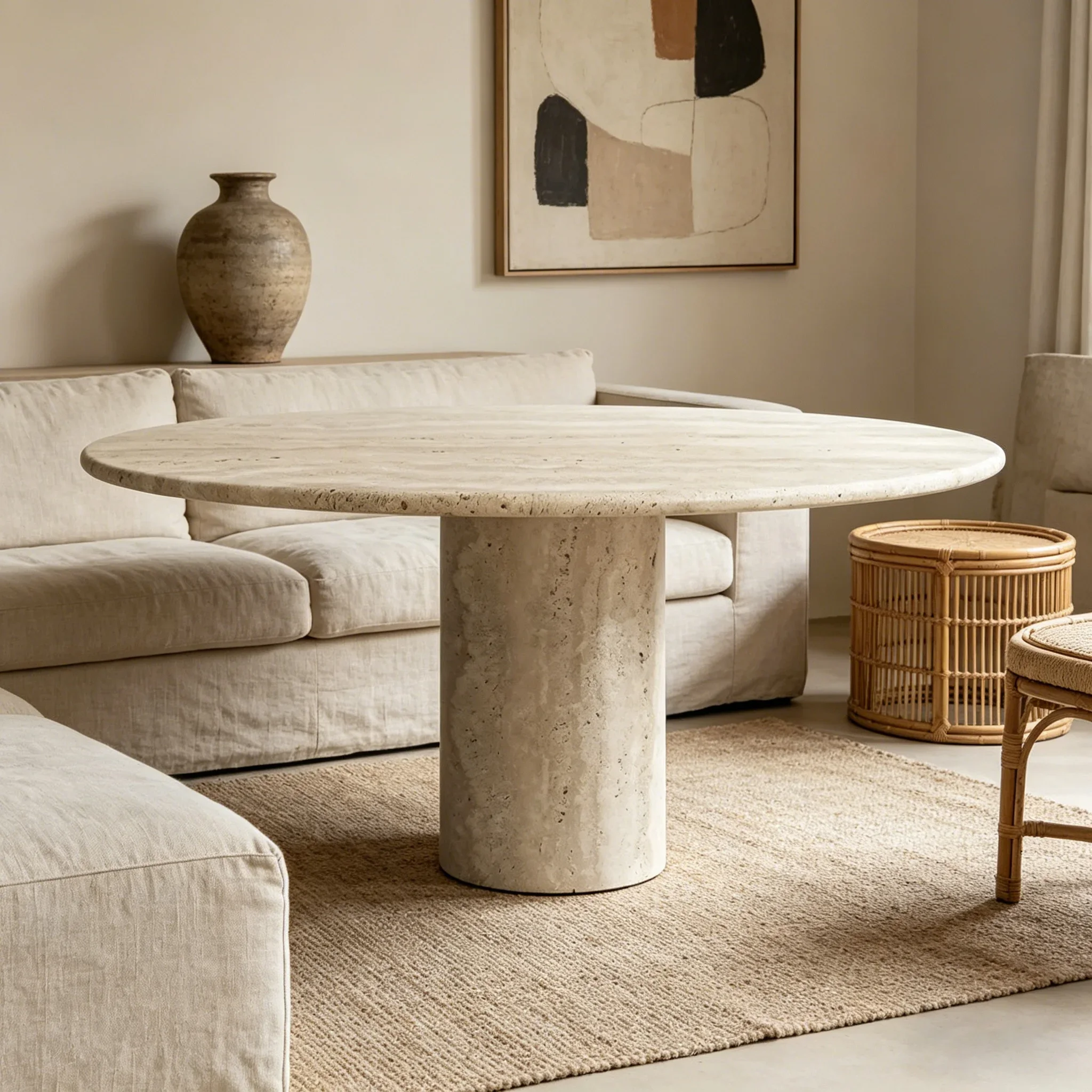 #Dream Home Luxury Roman Travertine Marble Round Dining Table Modern Single Cylinder Natural Stone Furniture