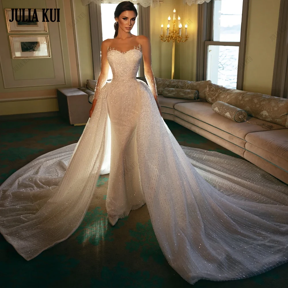 

Julia Kui Customize Made Sweetheart Mermaid Wedding Dresses Beading Embroidery Full Sleeves 2 In 1 Women Trumpet Bridal Gowns