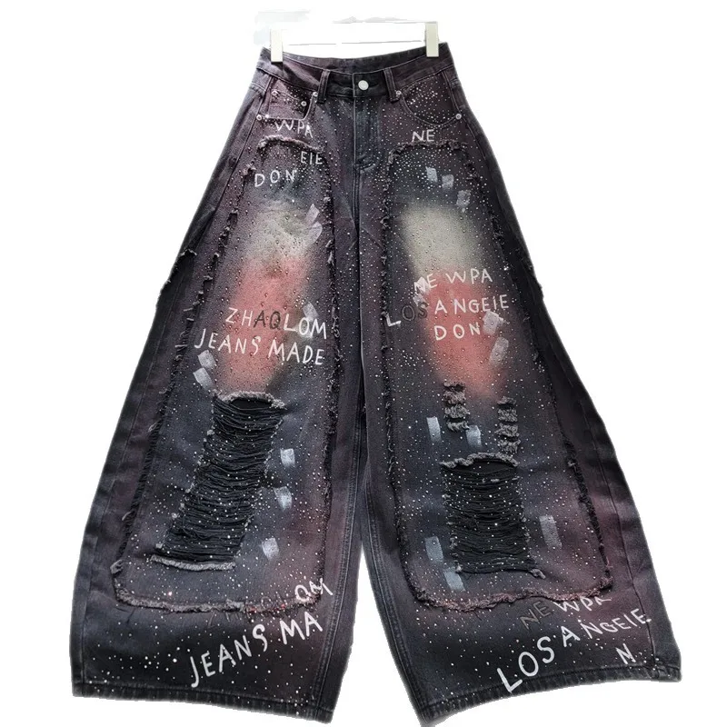 American Vintage Washed Personality Hole Letters Machete Jeans Women New Autumn Hot Diamonds High Waist Wide Leg Denim Pants
