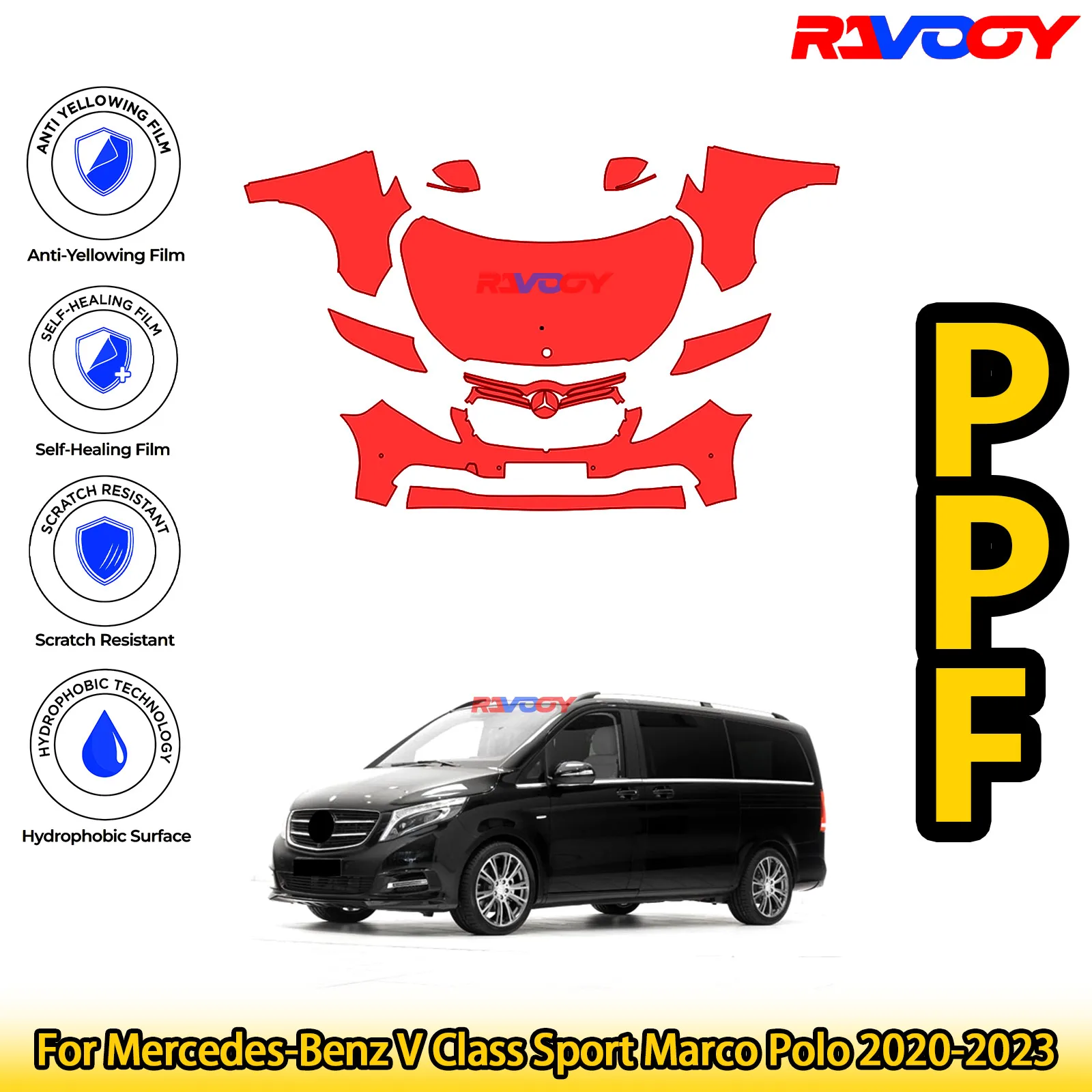 

Для Mercedes-Benz V Class Sport Marco Polo 2020-2023 глянцевая матовая черная предварительно вырезанная передняя защитная пленка PPF Kit