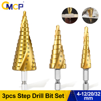 CMCP 3pcs Spiral Groove Step Drill Bits 4-12mm 4-20mm 4-32mm HSS Titanium  Stepped Drill Set Conical Stage Drill For Metal Wood