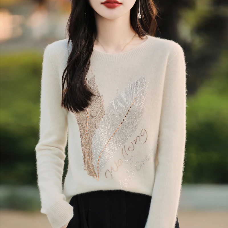 O-neck Sweater Women Autumn Knit Top Long Sleeve Fashion Feather Diamands Jumper High Stretch Basic Winter Female Warm Pullover