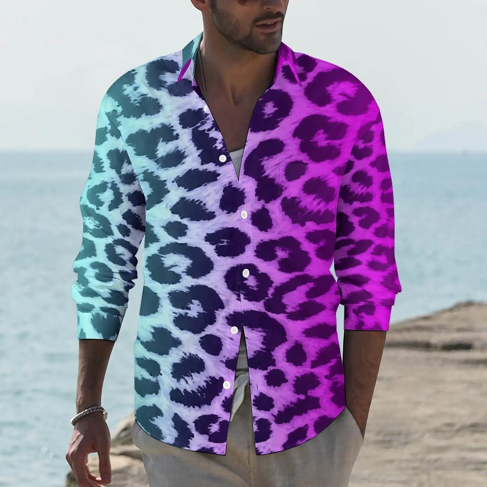 

Blue Pink Two Tone Shirt Men Cheetah Leopard Casual Shirts Autumn Y2K Custom Blouses Long Sleeve Trendy Oversized Clothing Gift