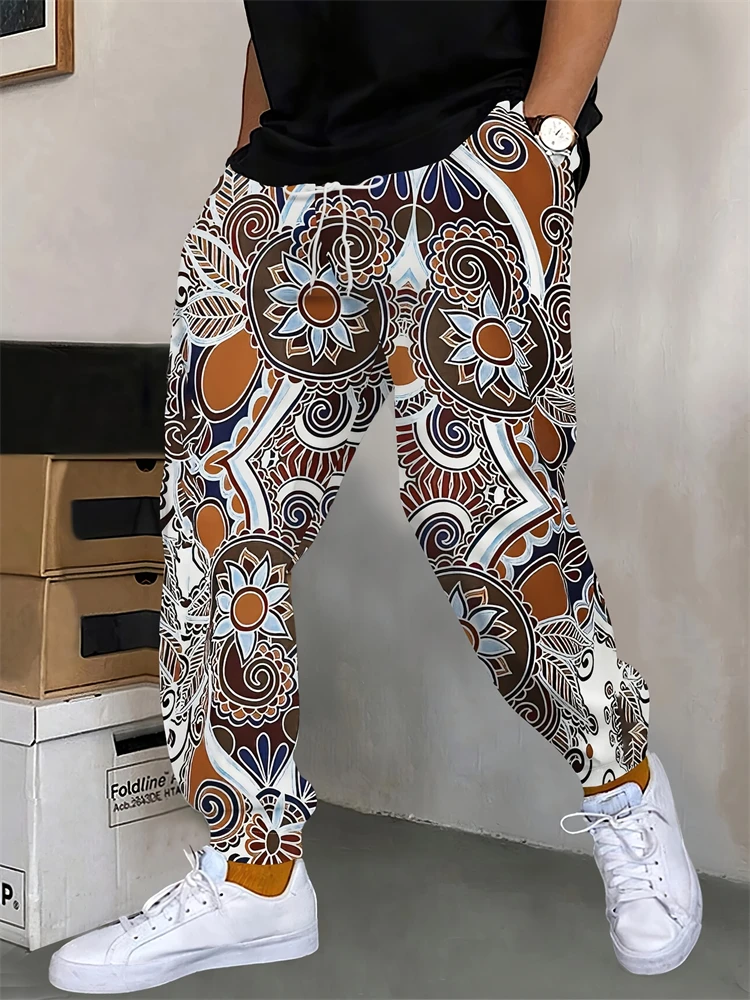 Men's Fashion Casual Pants For Fall Trendy Tropical Print Drawstring Long Pants Outdoor Comfortable Loose Fit Sports Pants