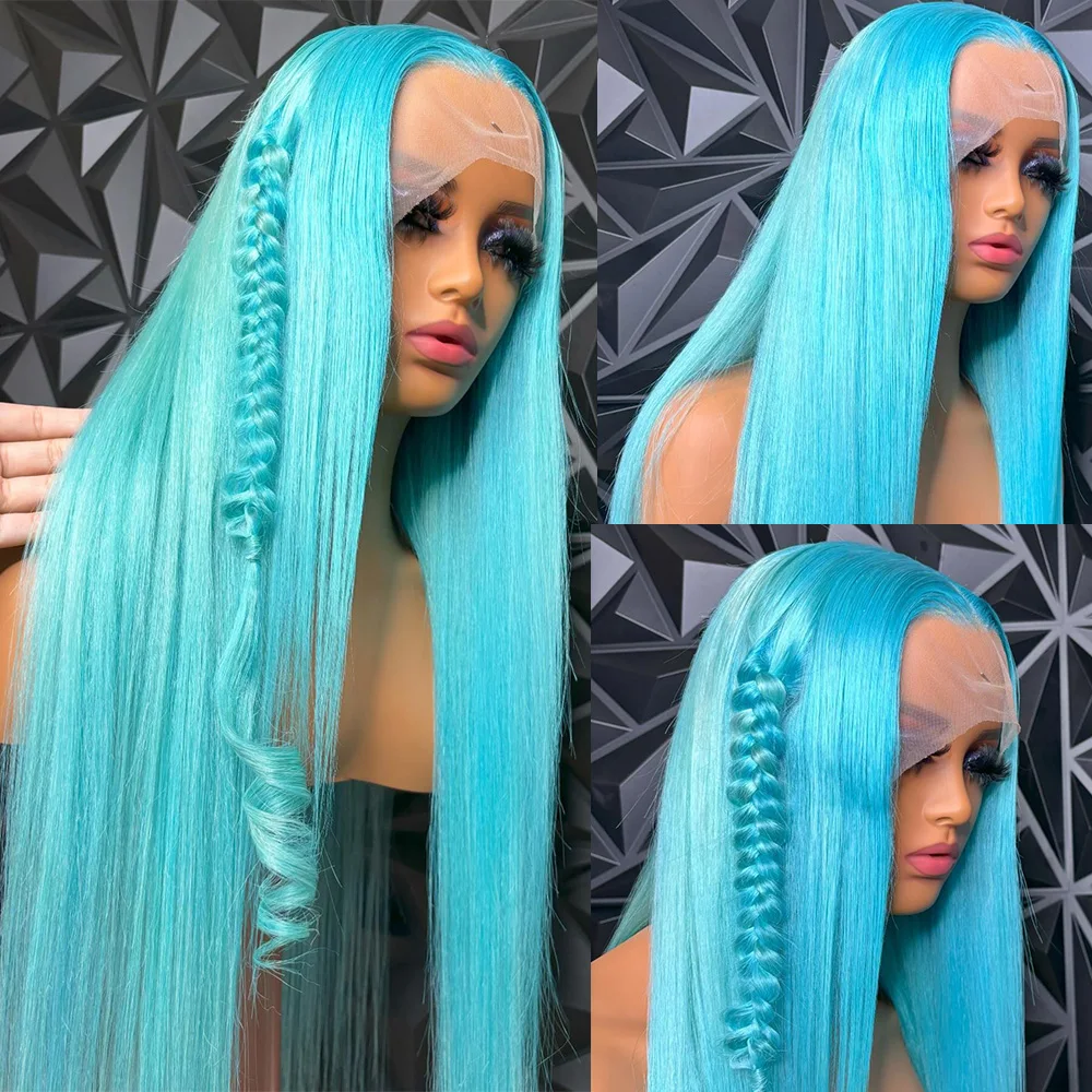 

Linhua 13X4 Transparent Lace Wigs 210% Sky Blue Colored Peruvian Hair Bone Straight Remy #613 Blonde 13X6 Lace Frontal Wig 34"