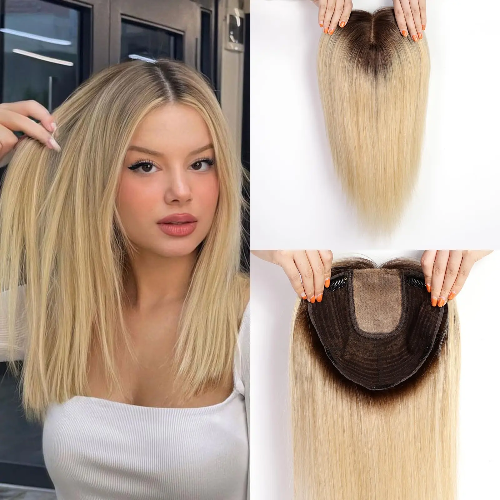 16 Inches Straight Remy Human Hair Toppers for Women Blonde Dark Root Hair Toppers Hairpieces Extensions Clips In Hair Toppers