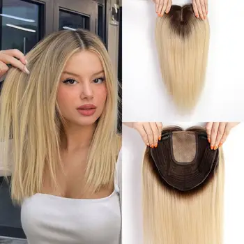 Adornos de cabello humano Remy liso de 16 pulgadas para mujer, adornos de cabello de raíz oscura rubia, extensiones de postizos, Clips en adornos para el cabello