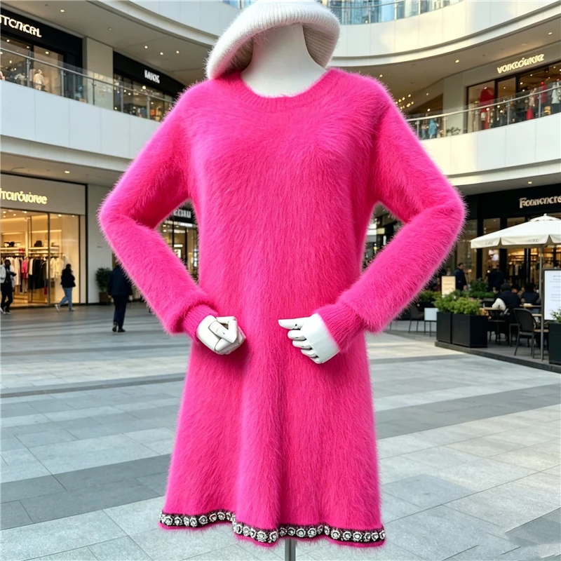 Pull Rose Ladies Women Fashion Mink Cashmere Knitted Beading Long Sleeves O-Neck A-Style Loose Pullover Sweater Jumper Dress Top