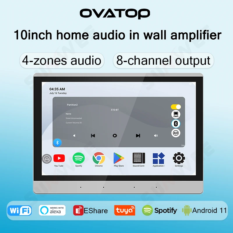 10 Inch Adroid11 Tuya smart 4 zone Built-in Class-D Amplifier 8X30W  Alexa Home Audio Bluetooth WIFI Theater  In Wall Amplifier