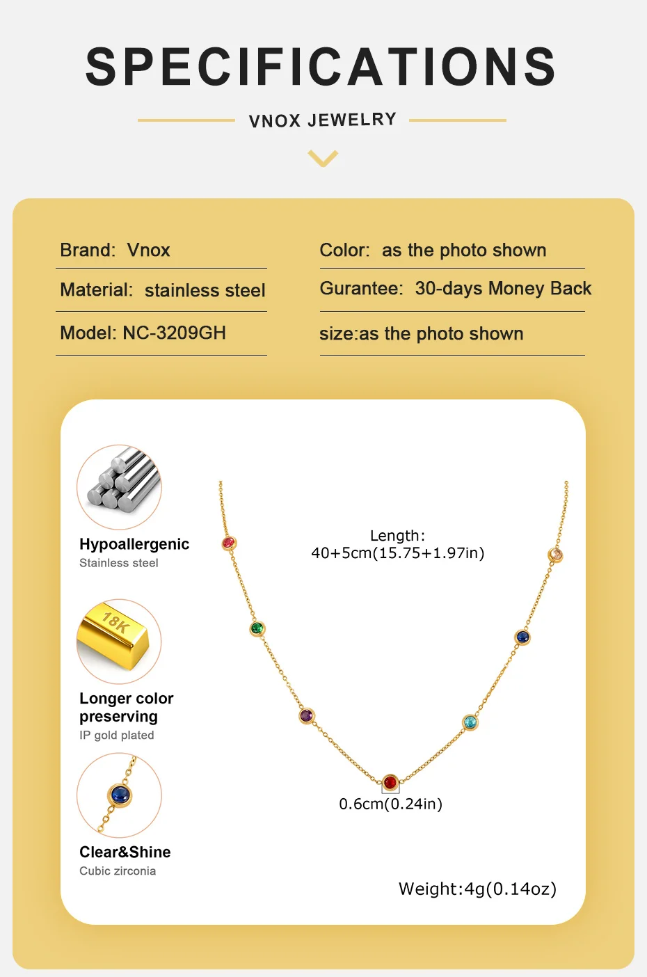 Vnox Minimalistisches, vergoldetes, mehrfarbiges Zirkonia-Schmuckset mit Halskette, Ohrringen und Armband für Damen, trendiger, farbenfroher Kristallschmuck – Detail 14