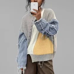 2024 Autumn Trendy Women's Control Color Patchwork Denim Knit Sweater Fashion O-neck Long Sleeves Pullovers Female 1LS015