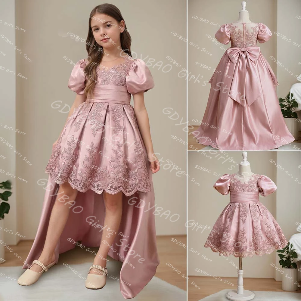 Lace Flower Girl Dresses for Wedding Kids Puff Sleeves Princess Pageant Gowns With Detachable Train Customized Birthday Frock