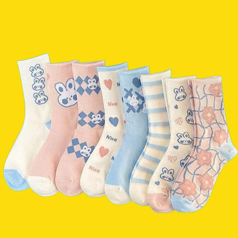 

8/16 Pairs Women's Student Cotton Socks Versatile High-value Forest Cute Cartoon Rabbit White Socks Women's Middle-tube Socks