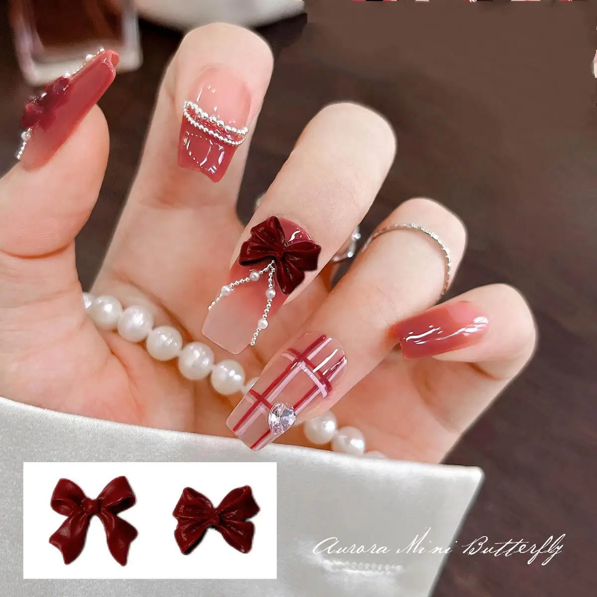 50PCS Resin Sweet Wine Red Bow Nail Charms Y2K Ribbon Bow Nail Art Decorations Photo Frame Cream Glue Manicure DIY Accessories