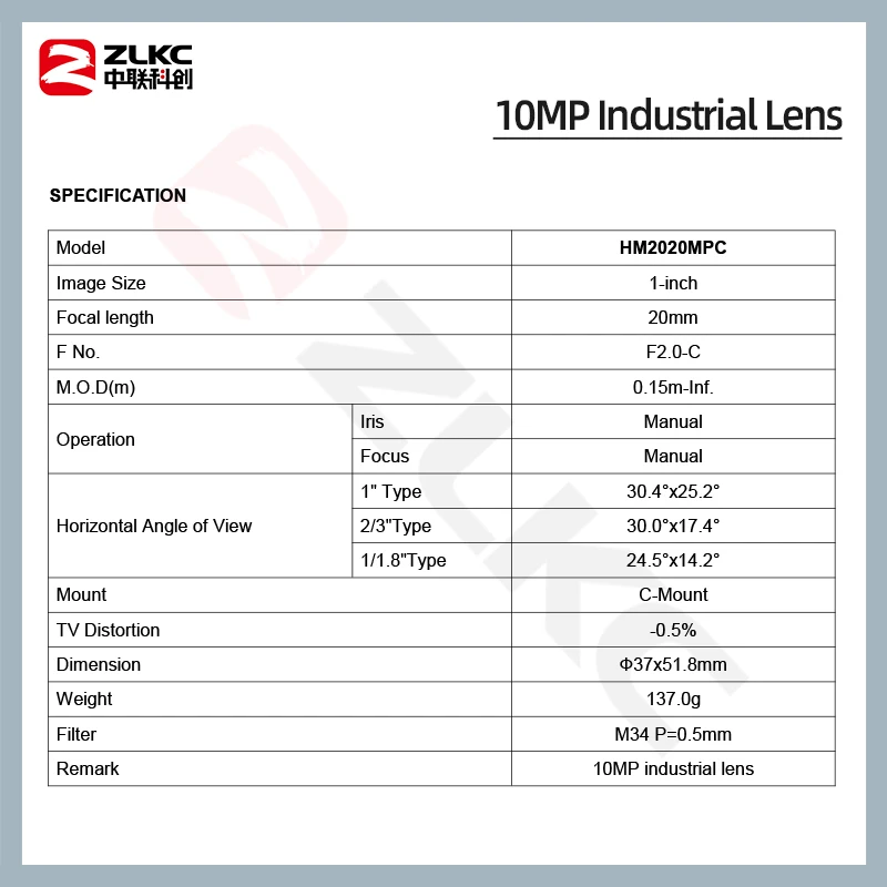 ZLKC 10MP HD 1 Inch Sensor Aperture F2.0 Manual Iris 20mm Fixed Focal Lenth Surveillance Machine Vision C Mount 10.0Megapixel FA