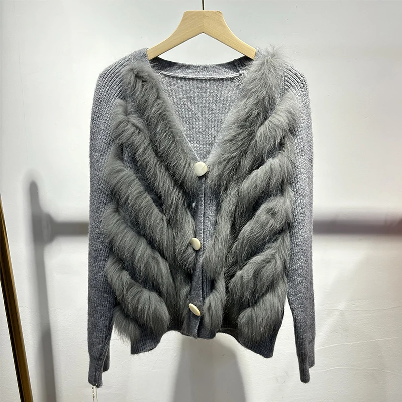 เสื้อสเวตเตอร์คอวีสีแดงกุหลาบขนฟ็อกซ์ธรรมชาติสำหรับผู้หญิงปี 2025 เสื้อแจ็คเก็ตถักขนสัตว์แท้สีเหลือง