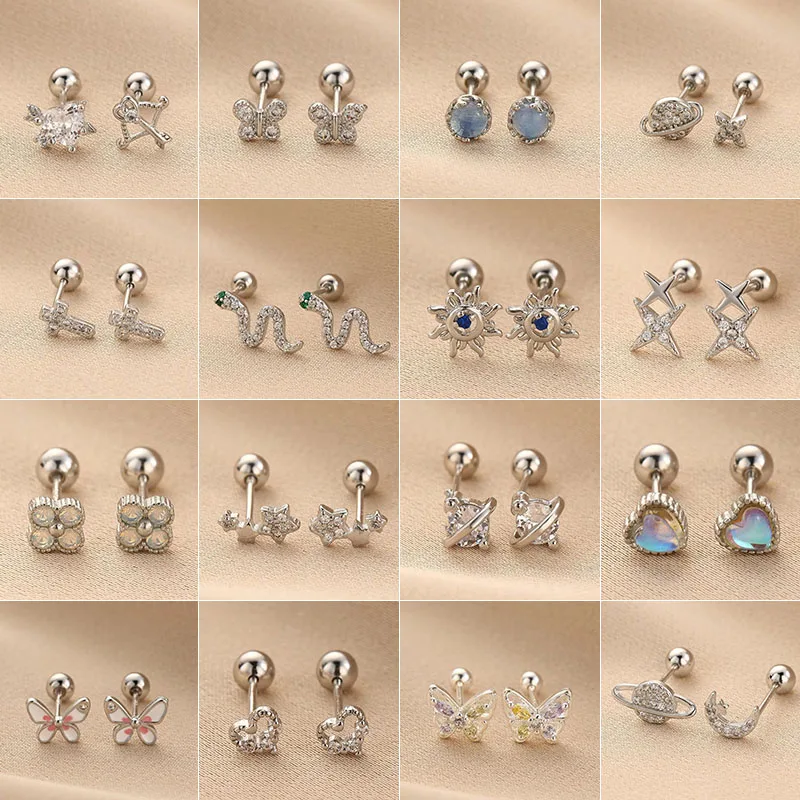 Silver Color Astronaut Helix Ear Piercing Stud Earrings for Women Mini Zircon Star Moon Tragus Cartilage Piercing Jewelry Gift