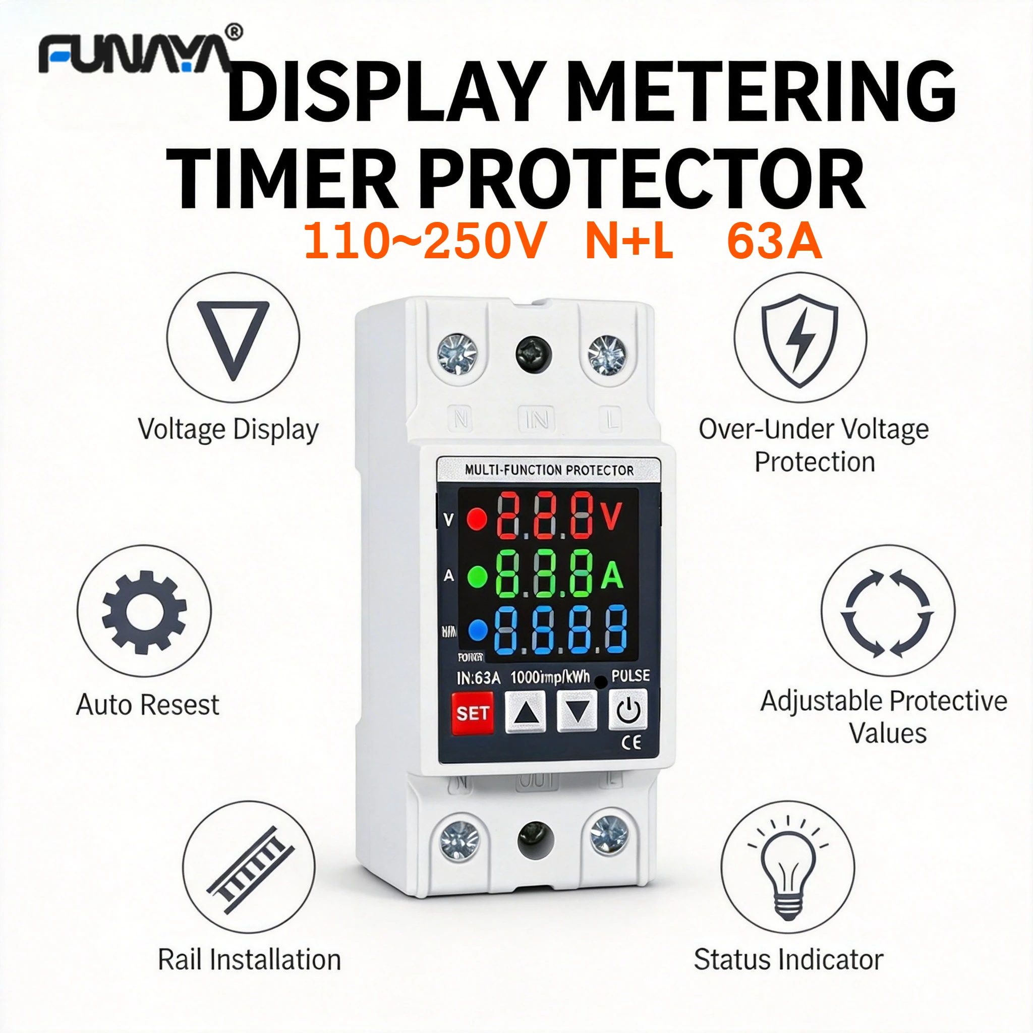 

35mm Din Rail AC Monitor AC110 220V 63A Current Power Factor Active Electric Energy Digital Display Voltage Protector Timing