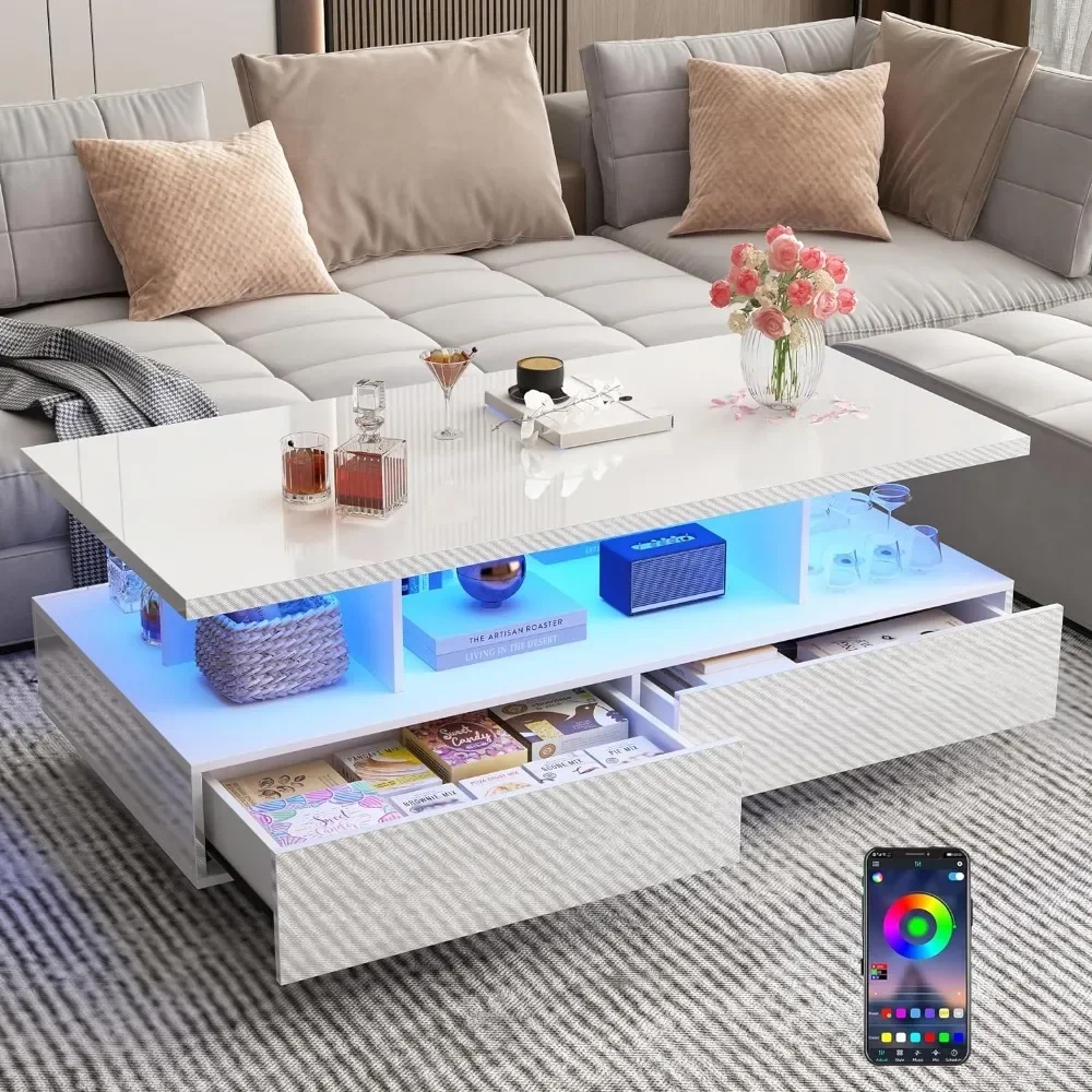 LED Coffee Table w/ 2 Storage Drawers,App Control,High Gloss Modern White Coffee Table w/Display Shelf for Living Room