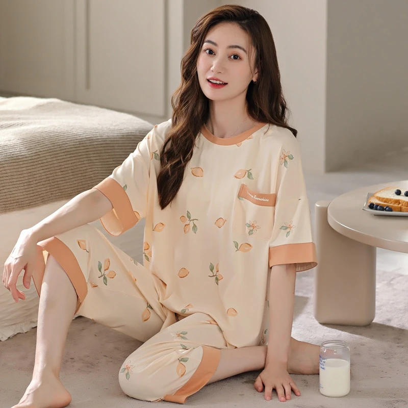 

Elegant Floral Print Pajama Set Cozy Short-Sleeve-Round Neck Top And Pants Plus Size Breathable Fit Women's Sleepdress Nightwear