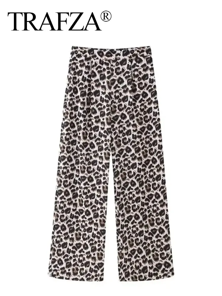 TRAFZA 2024 New Woman Trousers Leopard Print High Waist Zipper Loose Long Pants Casual Chic Elegant Vintage Wide Leg Pant Street